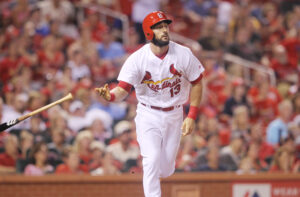 St. Louis Cardinals Matt Carpenter throws his bat as he watches a two run home run sail into the seats in the third inning against the Milwaukee Brewers at Busch Stadium in St. Louis on September 9, 2016.  Photo by Bill Greenblatt/UPI