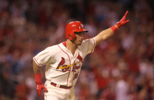 St. Louis Cardinals Kolten Wong raises his arm as he runs to first base with a single, driving in the go ahead run in the eighth inning against the Milwaukee Brewers at Busch Stadium in St. Louis on September 10, 2016. Photo by Bill Greenblatt/UPI
