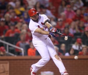 St. Louis Cardinals Johnny Peralta breaks his bat during the eighth inning against the Cincinnati Reds at Busch Stadium in St. Louis on September 28, 2016. Cincinnati defeated St. Louis 2-1. Photo by Bill Greenblatt/UPI