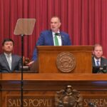 From left: House Speaker Jonathan Patterson, Gov. Mike Kehoe, Lt. Gov. David Wassinger (Photo by Tim Bommel, House Communications)