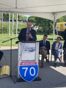 Governor Mike Kehoe speaks in Columbia on Improve I-70 project. Photo by Missourinet News reporter Matt Pilger.